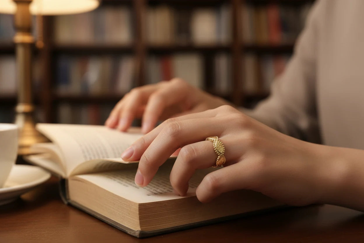 Gold beaded marquise ring close-up while turning pages of an open book, warm lamp glow and cozy library shelves in the background | OriaJewel