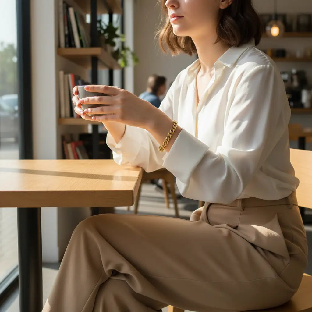 Woman sitting at a café table holding a cup with both hands, wearing a white blouse and beige trousers, with a Gold chain bracelet on her wrist catching the soft window light | Oria Jewel