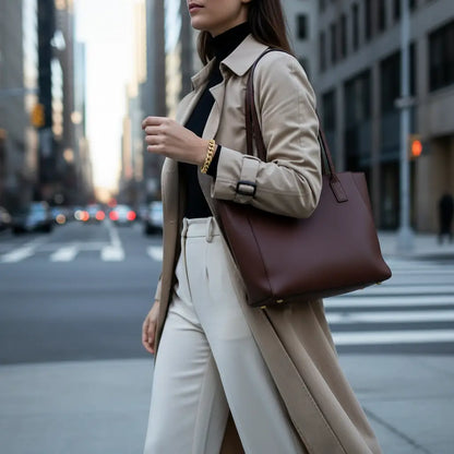 Stylish woman walking in the city wearing a trench coat, black turtleneck and white trousers, a Gold chain bracelet adding a polished accent to her wrist as she carries a brown tote bag | Oria Jewel