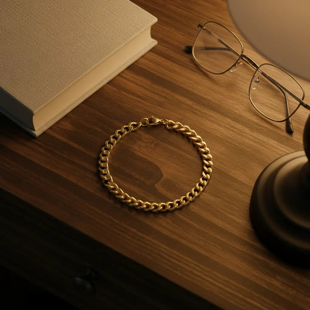 Close-up of a Gold chain bracelet laid in a circle on a wooden bedside table next to a closed book and eyeglasses, illuminated by a warm lamp for a cozy night-stand scene | Oria Jewel