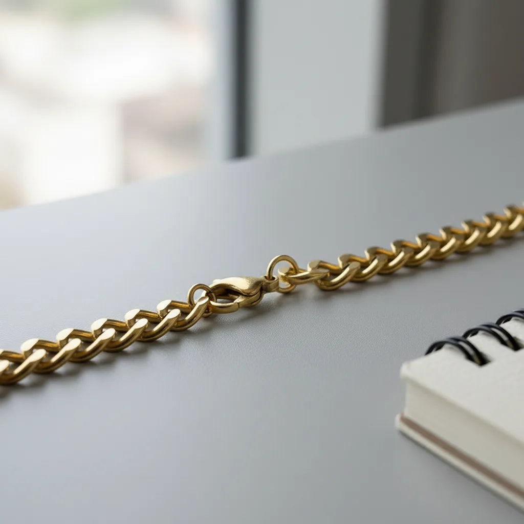 Detailed close-up of a Gold chain bracelet on a smooth desk surface, focusing on the lobster clasp and polished links beside a spiral notebook | Oria Jewel