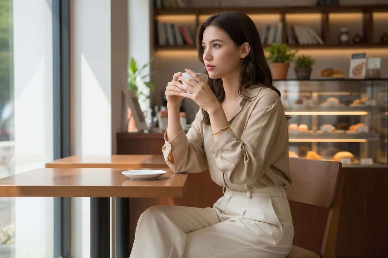 Woman sitting in a cozy café near a window, wearing a Gold twisted cuff bracelet that catches the light as she holds her coffee cup, adding a refined golden touch to her beige outfit | Oria Jewel