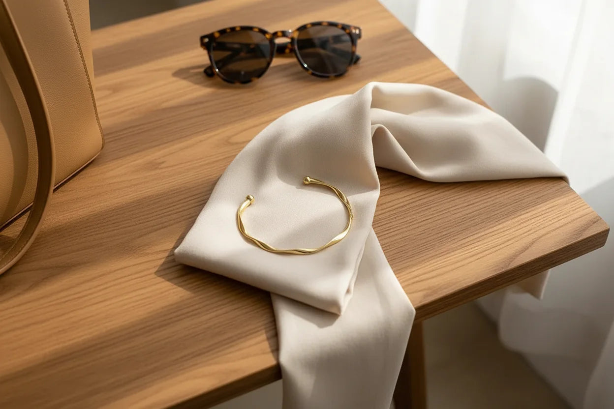 Gold twisted cuff bracelet laid on a light wooden desk over a cream silk scarf, styled beside a beige handbag and tortoiseshell sunglasses for a chic accessory vibe | Oria Jewel