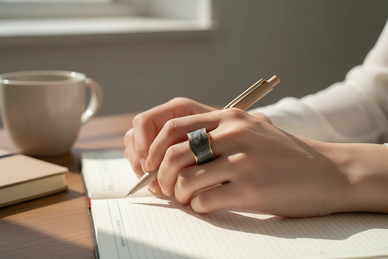 Gray Marble Open Wave Ring worn while writing in a notebook at a sunlit desk | OriaJewel