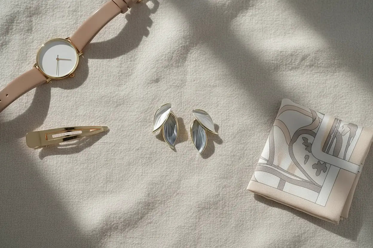 Gray Double Leaf Stud Earrings flat lay with watch, clip, and scarf on fabric | OriaJewel