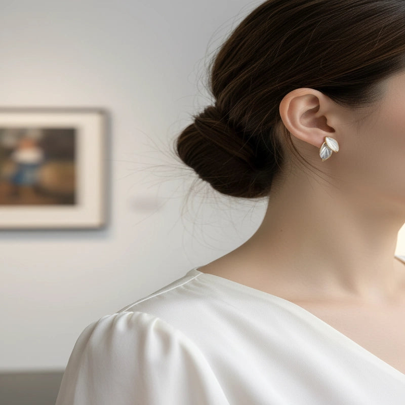 Gray Double Leaf Stud Earrings worn on model, side profile close-up | OriaJewel