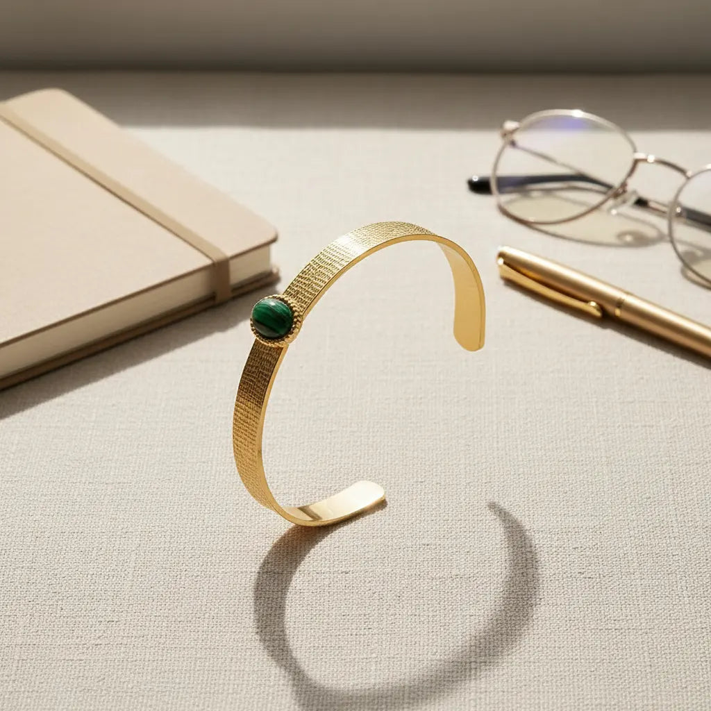 Green Gemstone Cuff Bracelet balanced on its side on a neutral fabric desktop beside a closed notebook, gold pen, and eyeglasses, styled to evoke an elegant, organized workday aesthetic | Oria Jewel