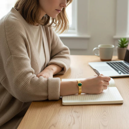 Woman working at a wooden desk, writing in a notebook with a laptop and mug nearby, while the Green Gemstone Cuff Bracelet adds a pop of rich green color and polished gold shine to her neutral cozy cardigan outfit | Oria Jewel