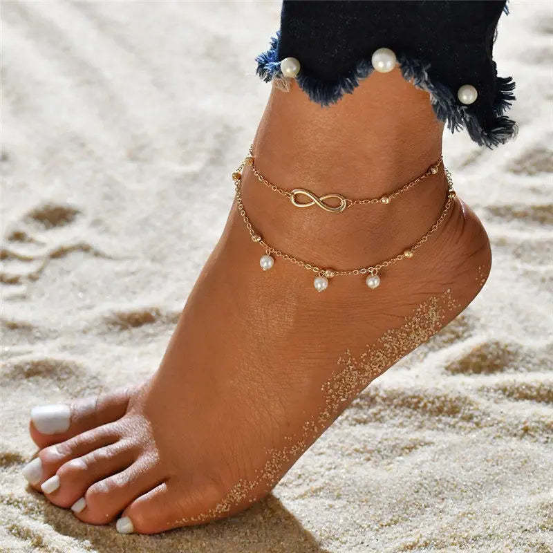 Silver Boho Double Layer Anklet jewelry close-up on ankle | Oria Jewel