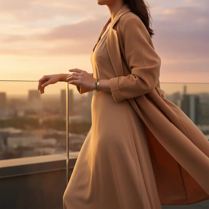 Jade Leaf adjustable charm bracelet on a woman walking along a rooftop at sunset, bracelet glowing against her flowing camel dress | Oria Jewel