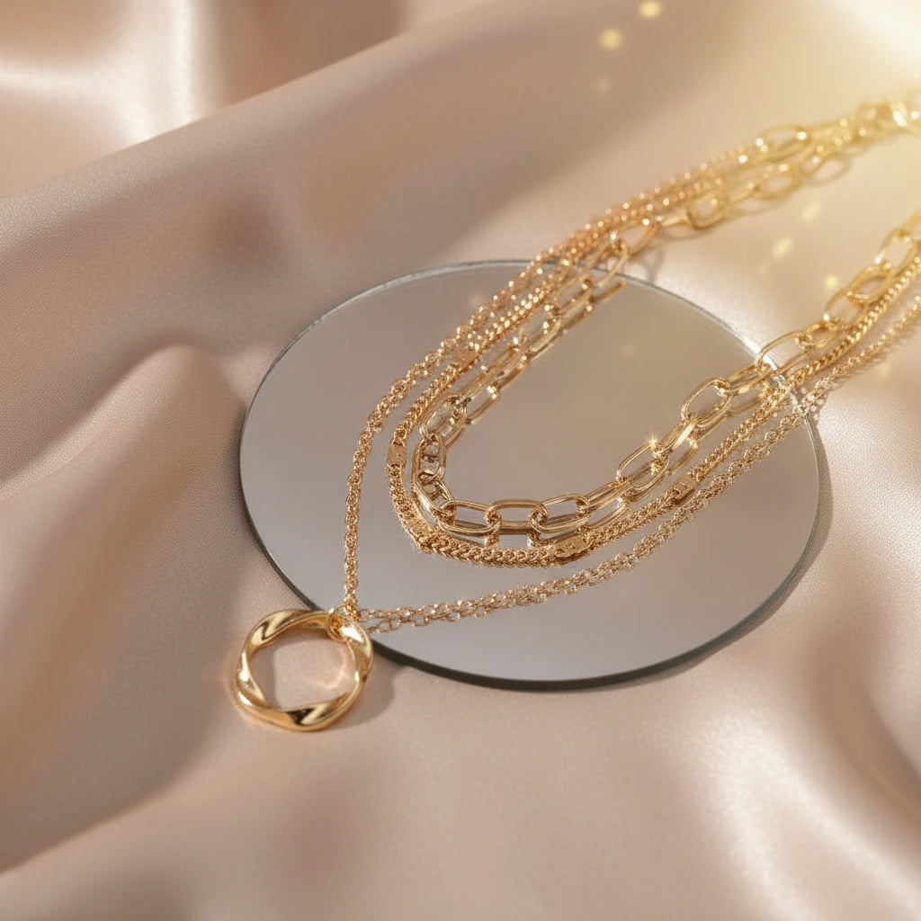 Layered Choker Necklace in gold arranged on round mirror over beige satin fabric under soft warm light | Oria Jewel