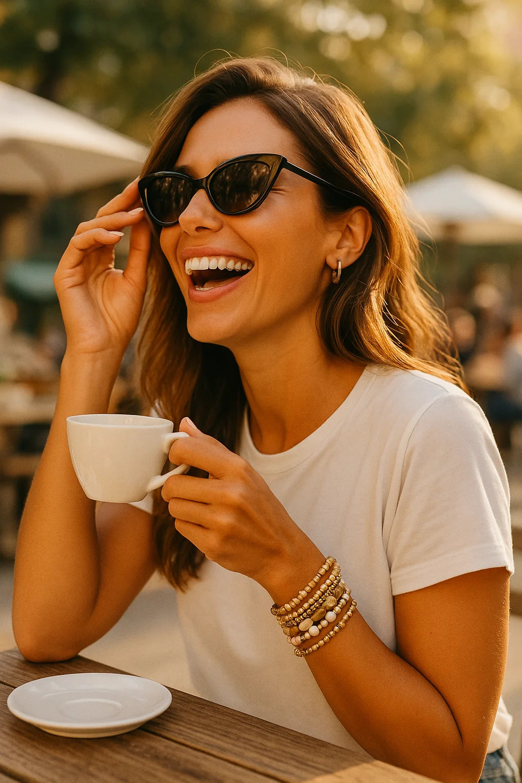 A smiling woman wearing stylish sunglasses and layered gold beaded bracelets sits outdoors at a café, holding a white coffee cup in warm sunlight. The scene has a cozy, golden-hour glow with a relaxed and joyful vibe — perfect for showcasing summer jewelry.