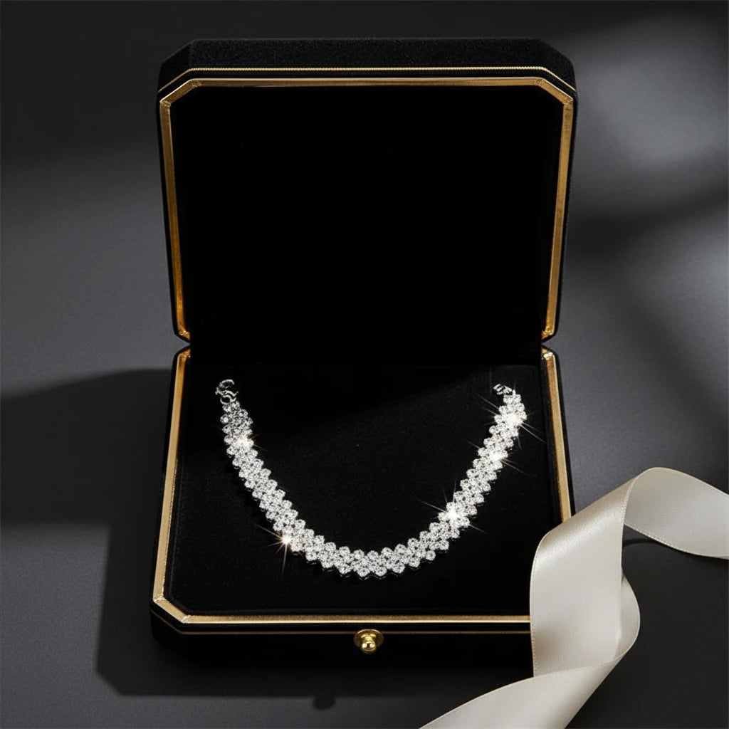 Luxury Rhinestone Chain Choker showcased in black velvet jewelry box with gold trim, perfect for gifting | Oria Jewel