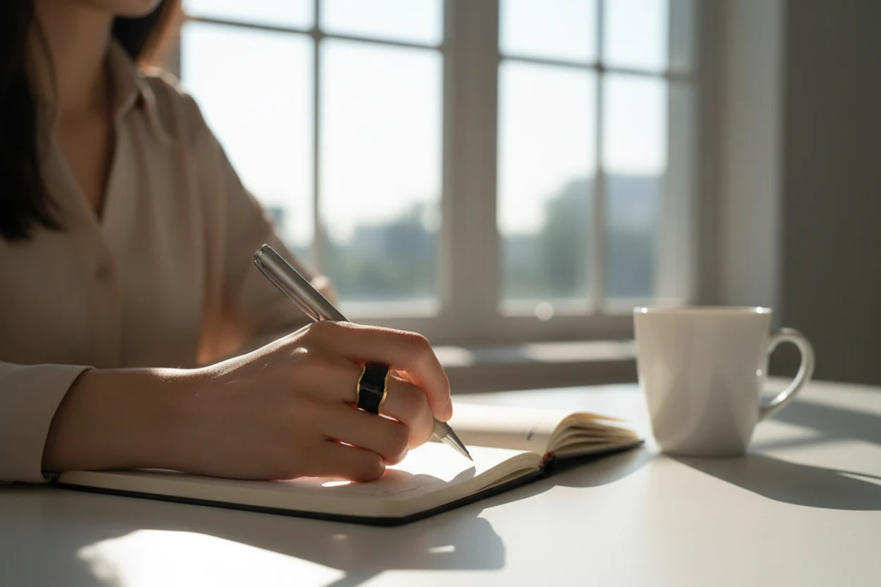 Midnight Black Open Wave Ring on a hand writing in a notebook near a white mug by a sunlit window, black wave band with gold-tone outline | OriaJewel