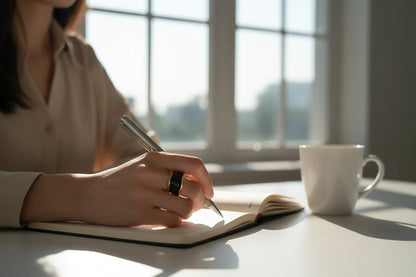 Midnight Black Open Wave Ring on a hand writing in a notebook near a white mug by a sunlit window, black wave band with gold-tone outline | OriaJewel