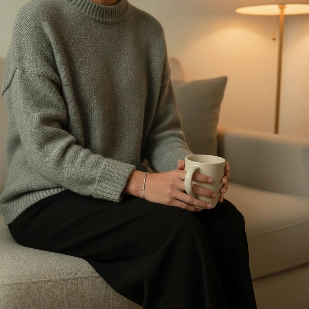 Cozy living room scene with woman in knit sweater holding a mug, styling a delicate Minimalist Gold Chain Bracelet | Oria Jewel