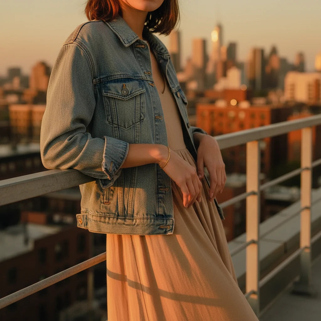 Sunset rooftop view with woman in denim jacket and flowy dress, highlighting her Minimalist Gold Chain Bracelet | Oria Jewel
