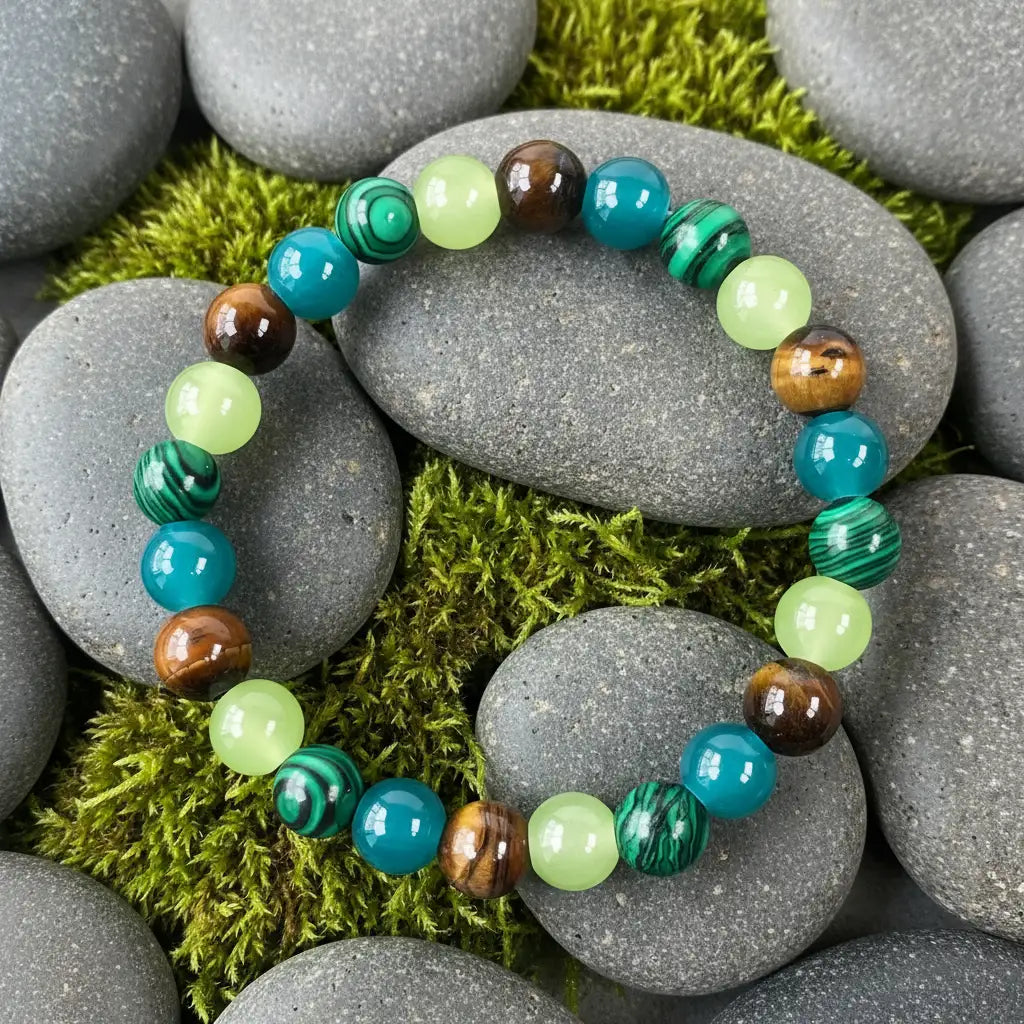 Money Attraction Tigers Eye Bracelet resting on smooth gray river stones with bright green moss peeking through, highlighting the glossy malachite, jade and tiger’s eye beads | Oria Jewel