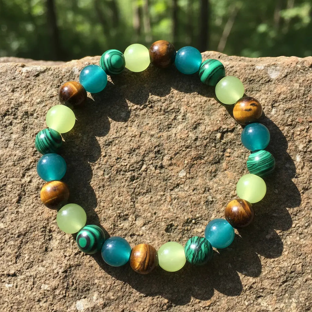 Close-up of the Money Attraction Tigers Eye Bracelet on a rough stone surface outdoors, with sunlight emphasizing the natural patterns in the tiger’s eye and malachite beads | Oria Jewel