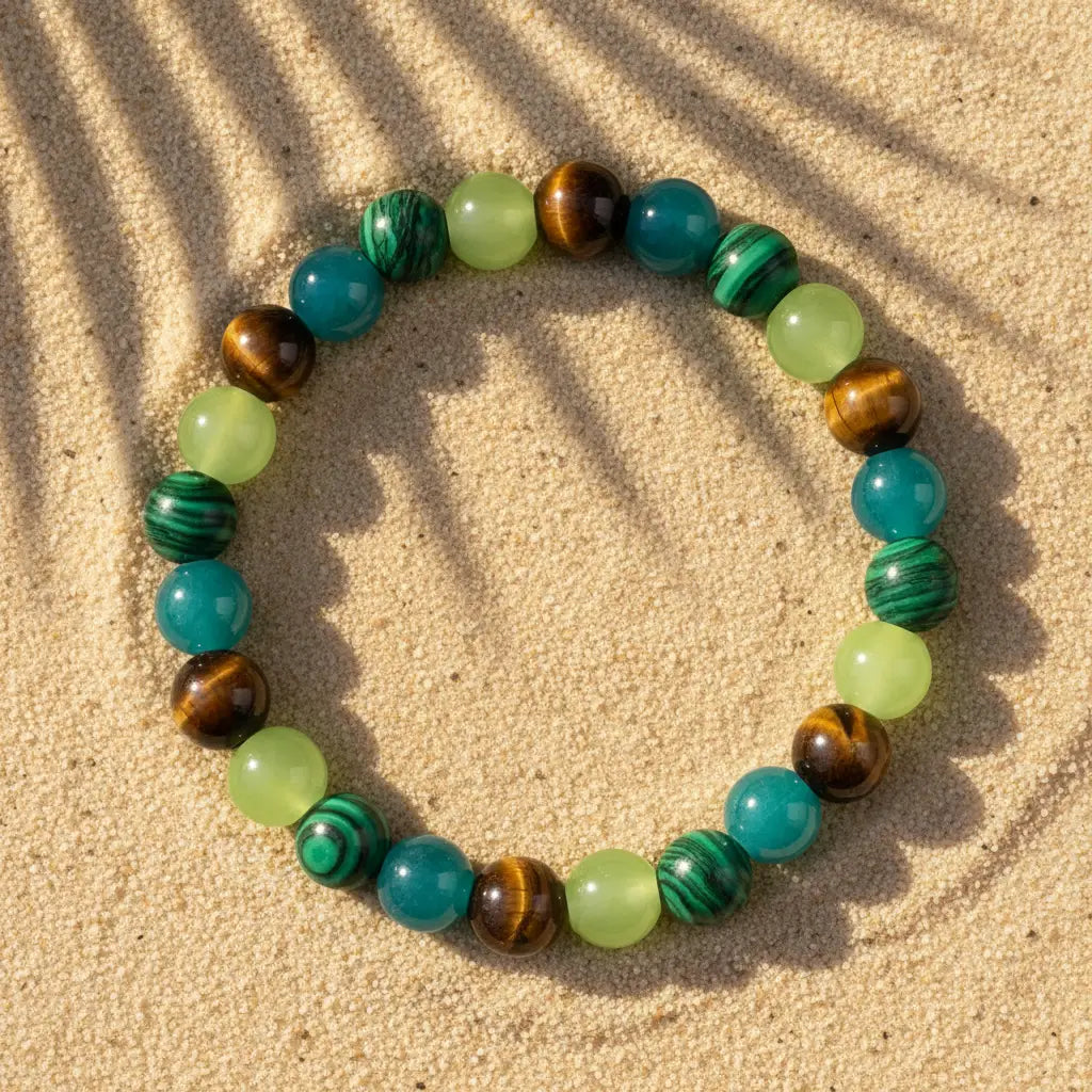 Money Attraction Tigers Eye Bracelet lying on golden sand with soft palm-leaf shadows, creating a sunny, vacation-ready vibe around the green and brown gemstone beads | Oria Jewel