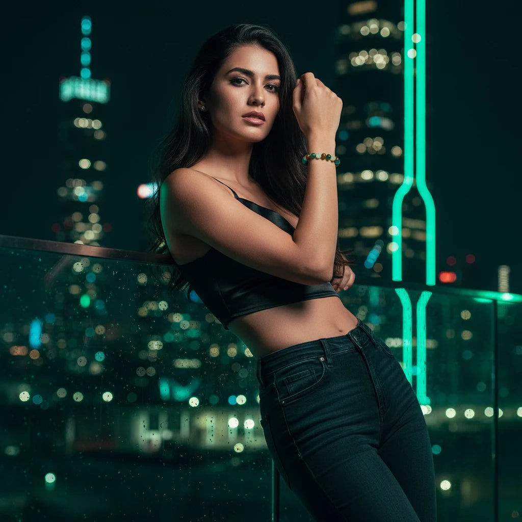 Stylish woman on a city rooftop at night wearing a black crop top and jeans, with neon lights reflecting off her Money Attraction Tigers Eye Bracelet on her wrist | Oria Jewel