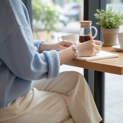 Woman writing in a café with a light blue sweater, hands wrapped around a cup while the Moonstone Glow Charm Bracelet adds a soft shimmer | Oria Jewel