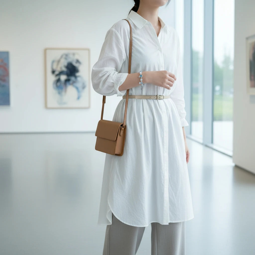 Gallery visitor in a white shirt dress and crossbody bag, posing in front of artwork with the Moonstone Glow Charm Bracelet as her subtle statement piece | Oria Jewel