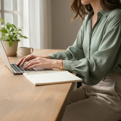 Close side view of a woman typing on a laptop at a wooden desk, soft daylight highlighting the sleek Mother of Pearl Gold Bangle on her wrist next to a notebook and coffee mug, ideal for work or study outfits | Oria Jewel
