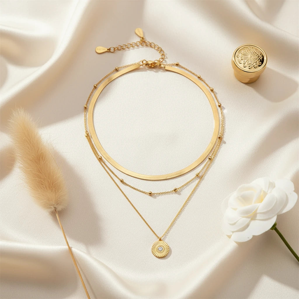 Multi Layer Silver Circle Chain Necklace displayed elegantly against soft fabric with decorative elements | Oria Jewel