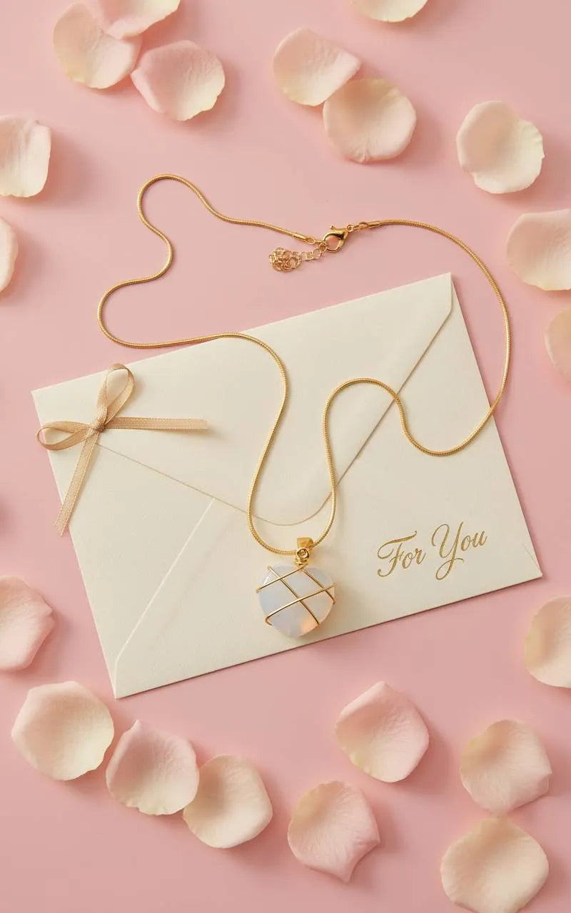 Gift envelope with gold chain and Natural Moonstone Pendant on pink petals | Oria Jewel