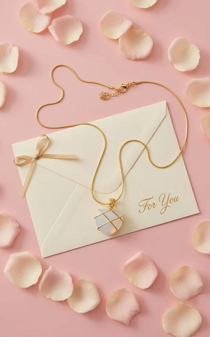 Gift envelope with gold chain and Natural Moonstone Pendant on pink petals | Oria Jewel