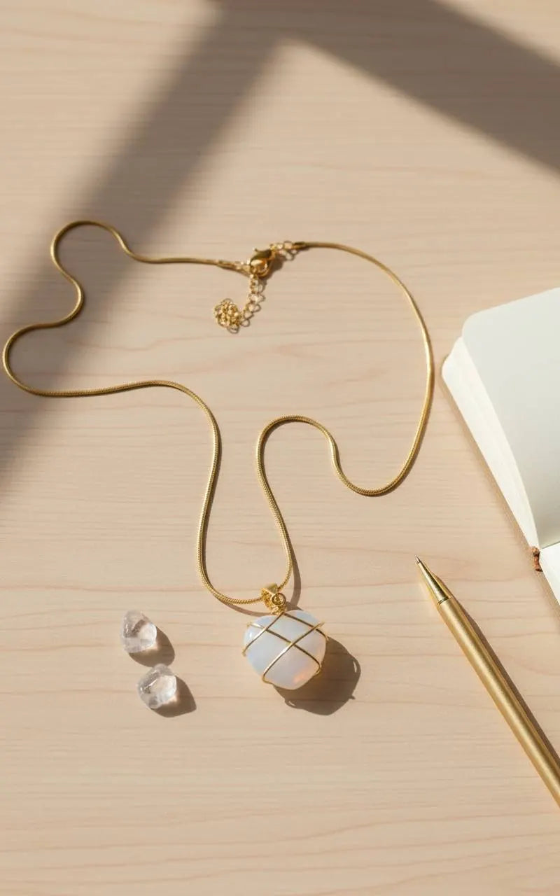 Desk flat lay with notebook, pen, crystals, and gold chain Natural Moonstone Pendant | Oria Jewel 