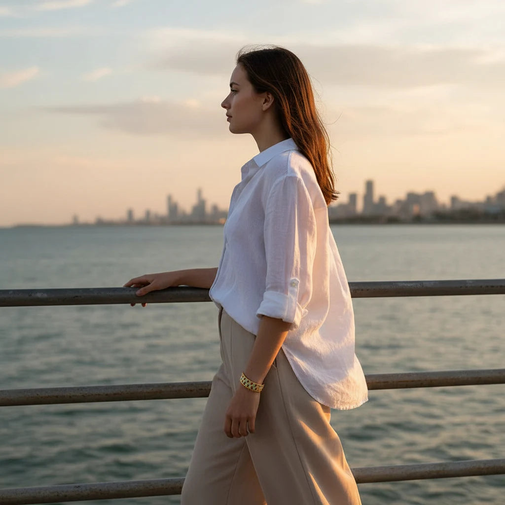 Woman standing by the seaside railing at sunset wearing a Pastel Leaf Garden Cuff Bracelet, the gold cuff with pastel enamel leaves catching the warm golden light against the soft city skyline background | Oria Jewel