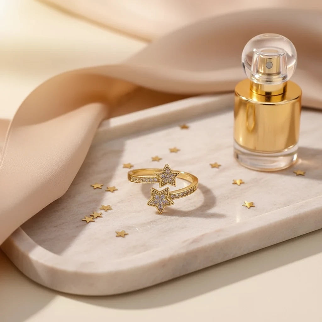 Pavé Double Star Open Ring styled on a white marble tray beside a gold perfume bottle, with scattered mini star accents and soft beige fabric background | OriaJewel