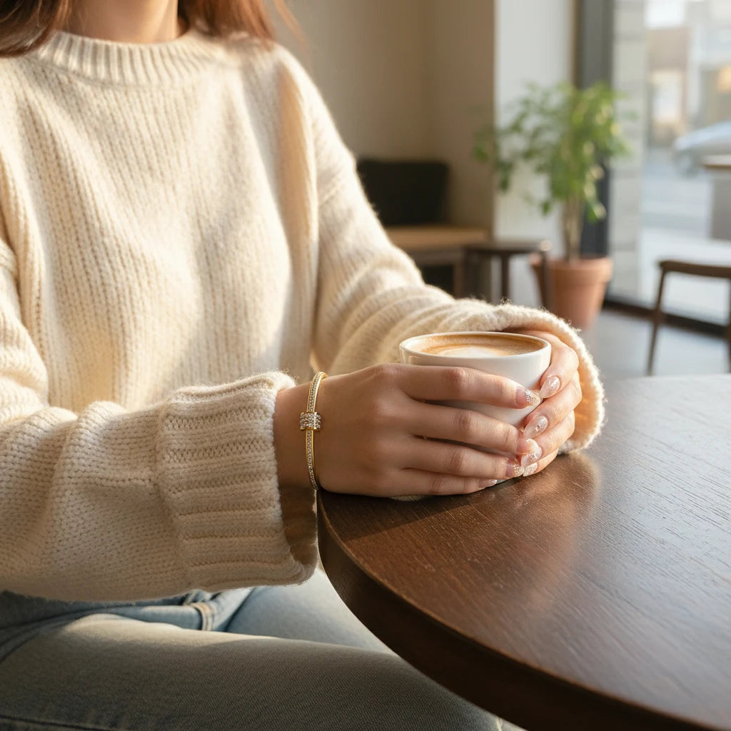 Woman in a cozy cream knit sweater holding a warm coffee mug at a café table, with the Pavé Stackable Gold Bangle sparkling on her wrist and catching the soft morning light | Oria Jewel