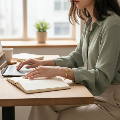 Minimal home office scene with a woman typing on her laptop in a sage green blouse, the Pavé Stackable Gold Bangle adding a refined touch of sparkle to her everyday work outfit | Oria Jewel