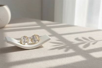 Pearl Rosette Stud Earrings on white display with soft shadow light | OriaJewel