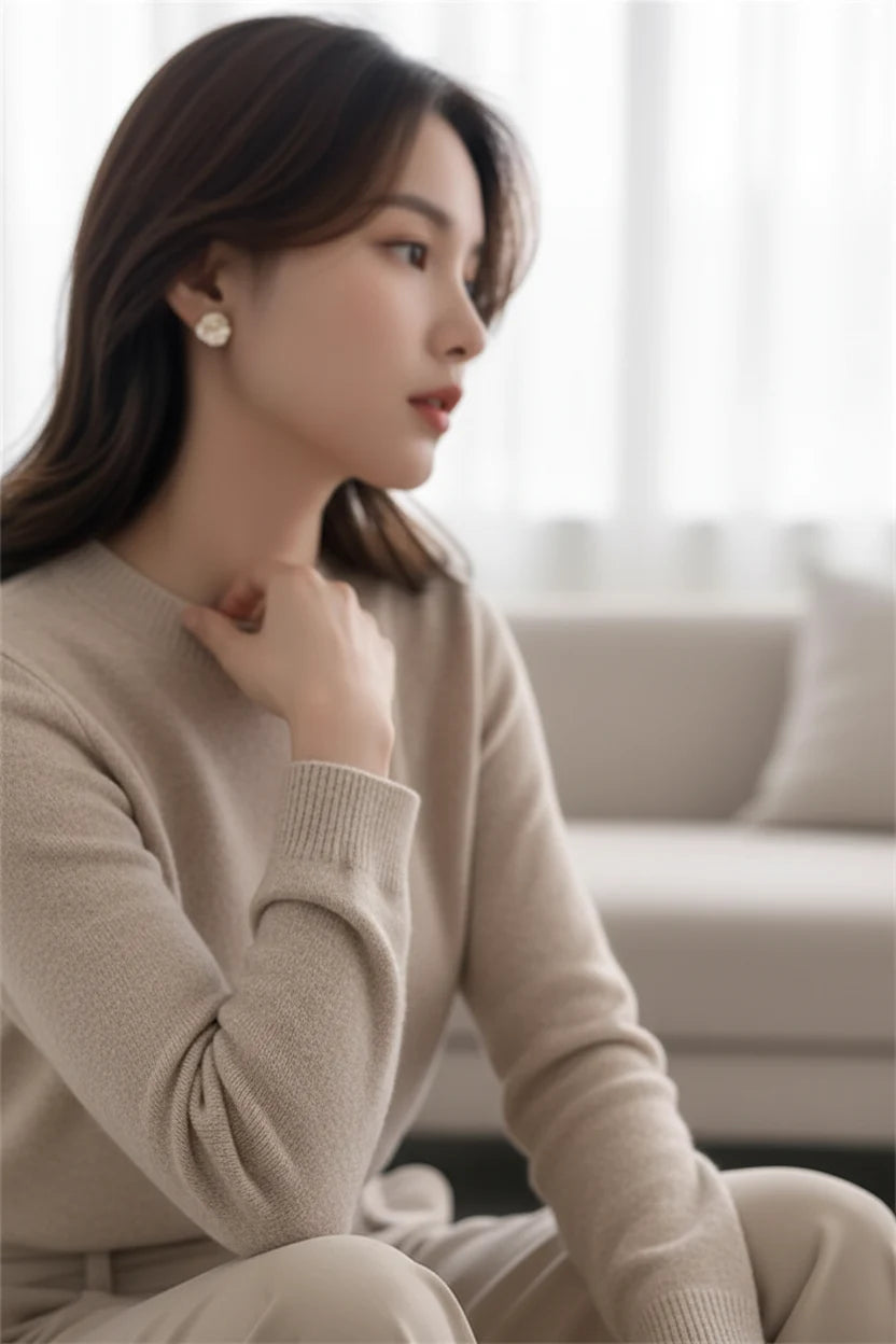 Pearl Rosette Stud Earrings worn on model in cozy neutral setting | OriaJewel