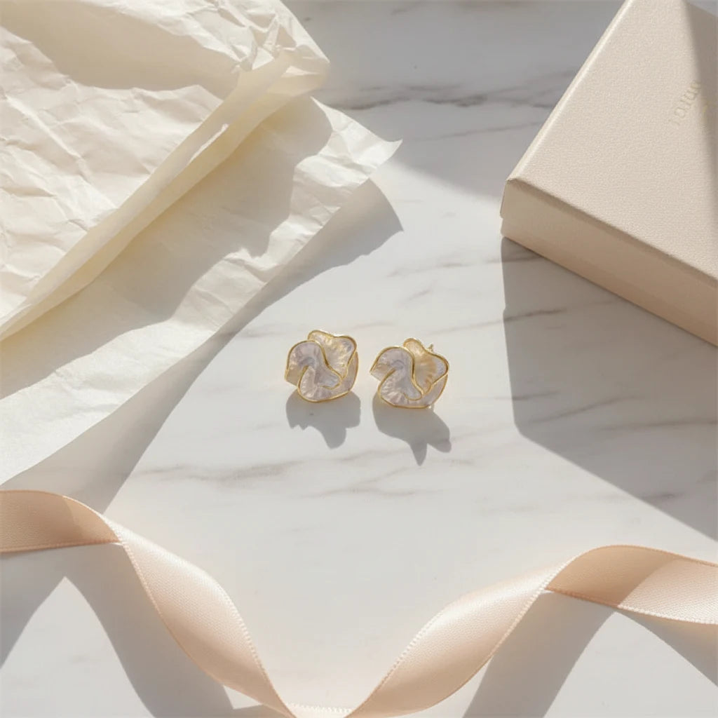 Pearl Rosette Stud Earrings flat lay with ribbon and gift box | OriaJewel