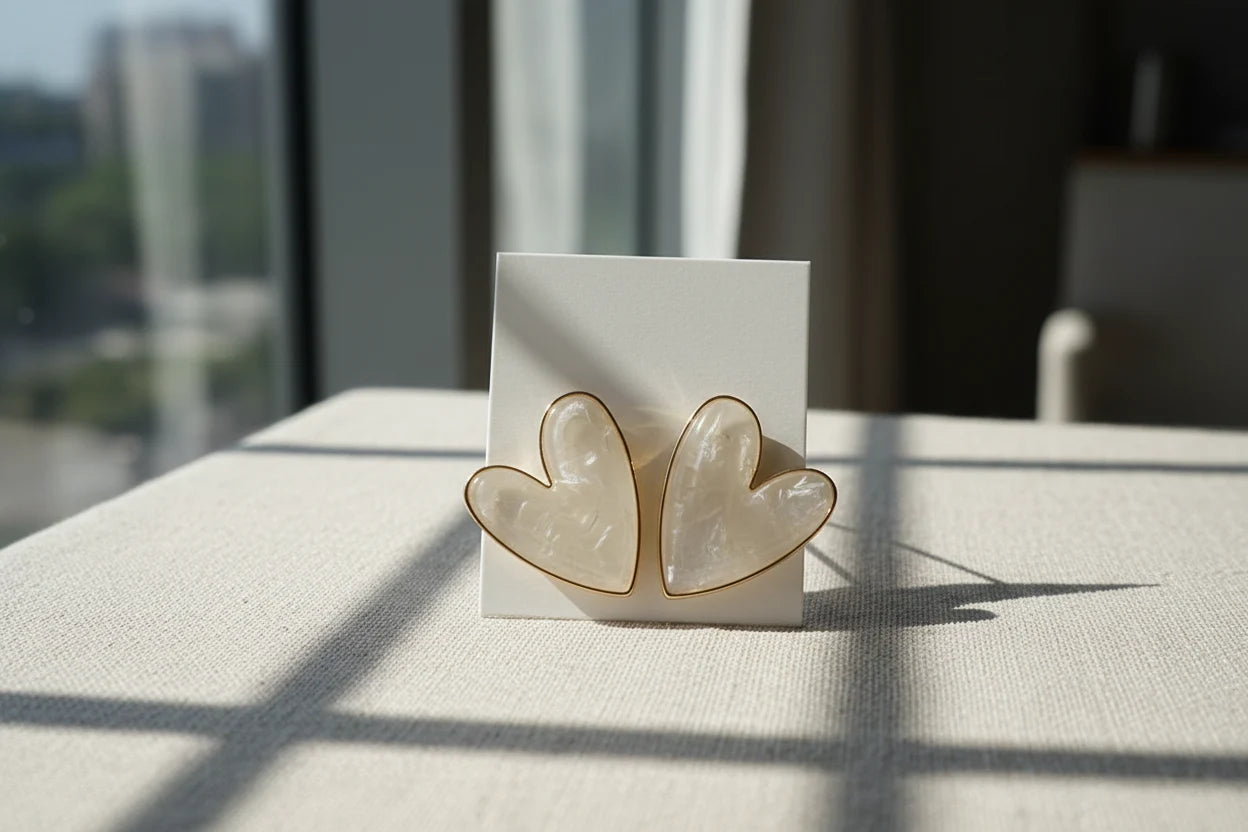 Pearl White Marble Heart Stud Earrings on display card in window light | OriaJewel