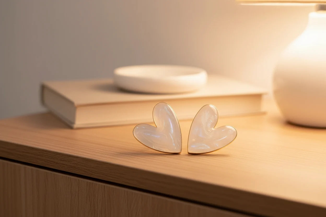 Pearl White Marble Heart Stud Earrings on wooden table with book and lamp | OriaJewel