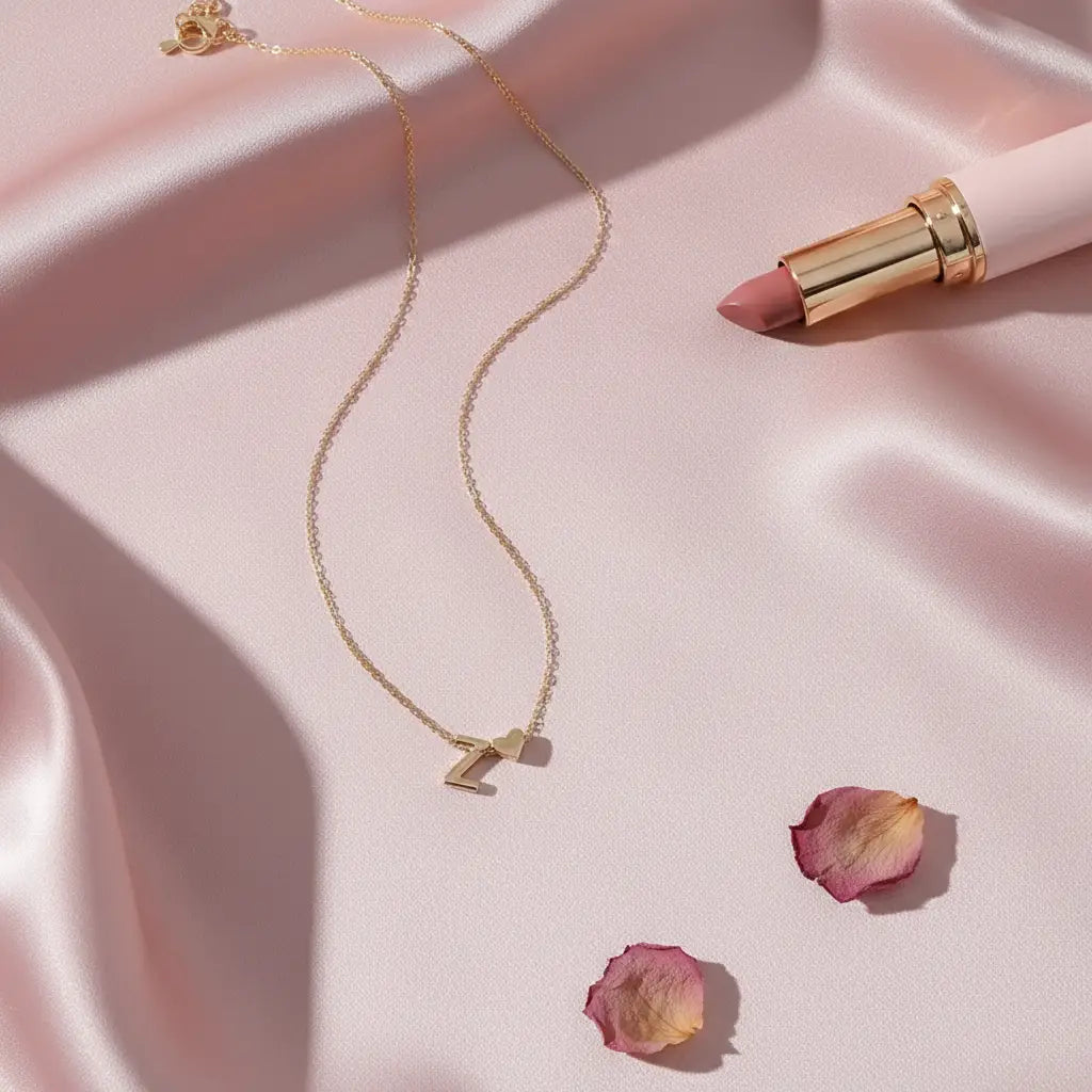 Personalised Heart Necklace Gold with Z initial and tiny heart charm displayed on soft pink satin beside lipstick and rose petals | Oria Jewel