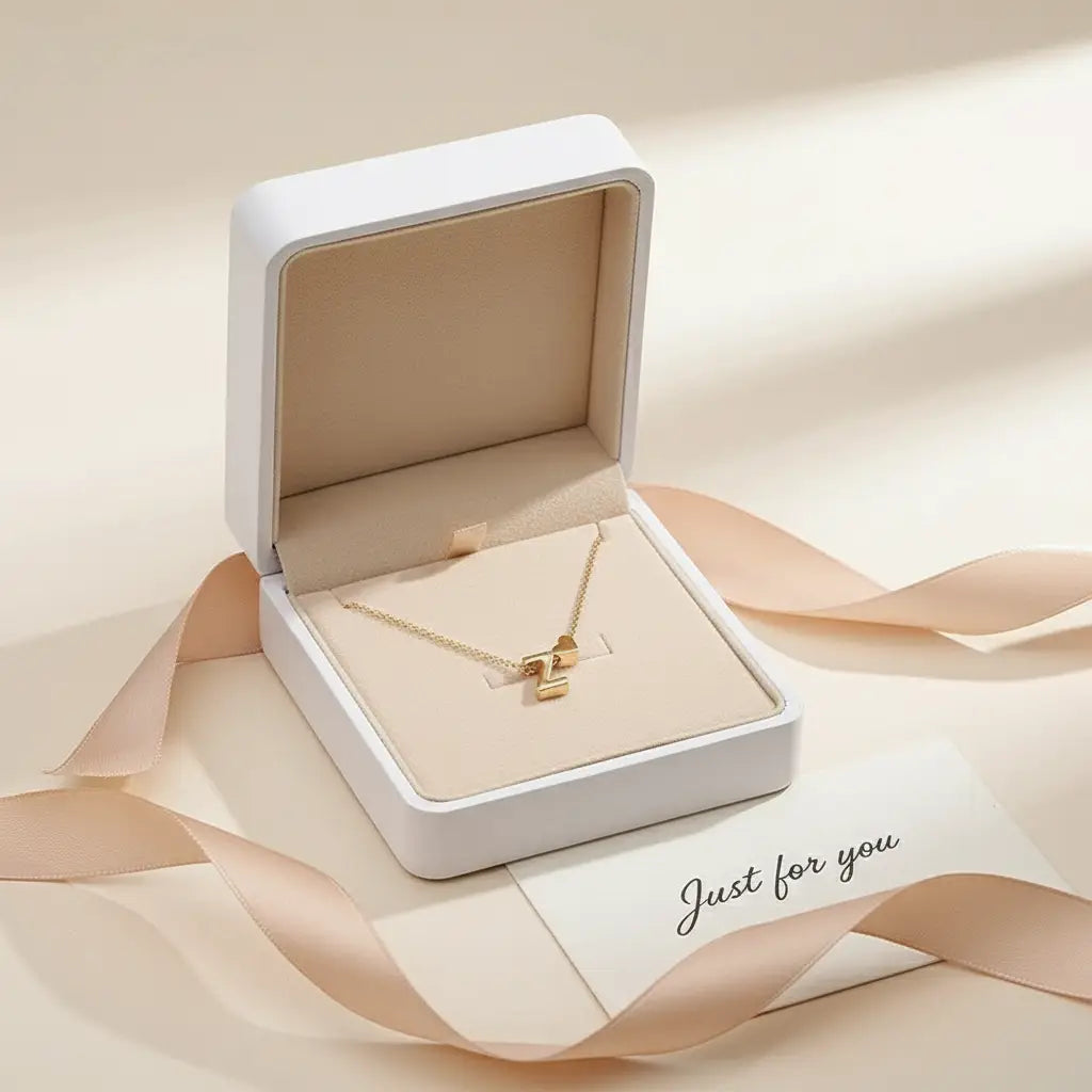Personalised Heart Necklace Gold arranged in an open white gift box with ribbons and “Just for you” card, perfect for gifting | Oria Jewel