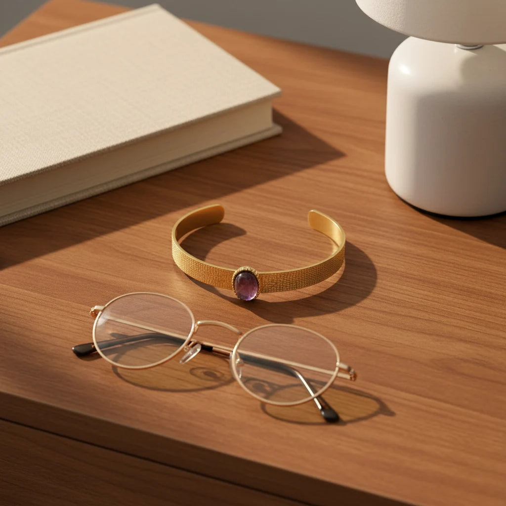 Plum gemstone cuff bracelet placed on a wooden bedside table next to a closed book and round glasses, warm light from a nearby lamp reflecting softly on the gold band and plum stone. | Oria Jewel
