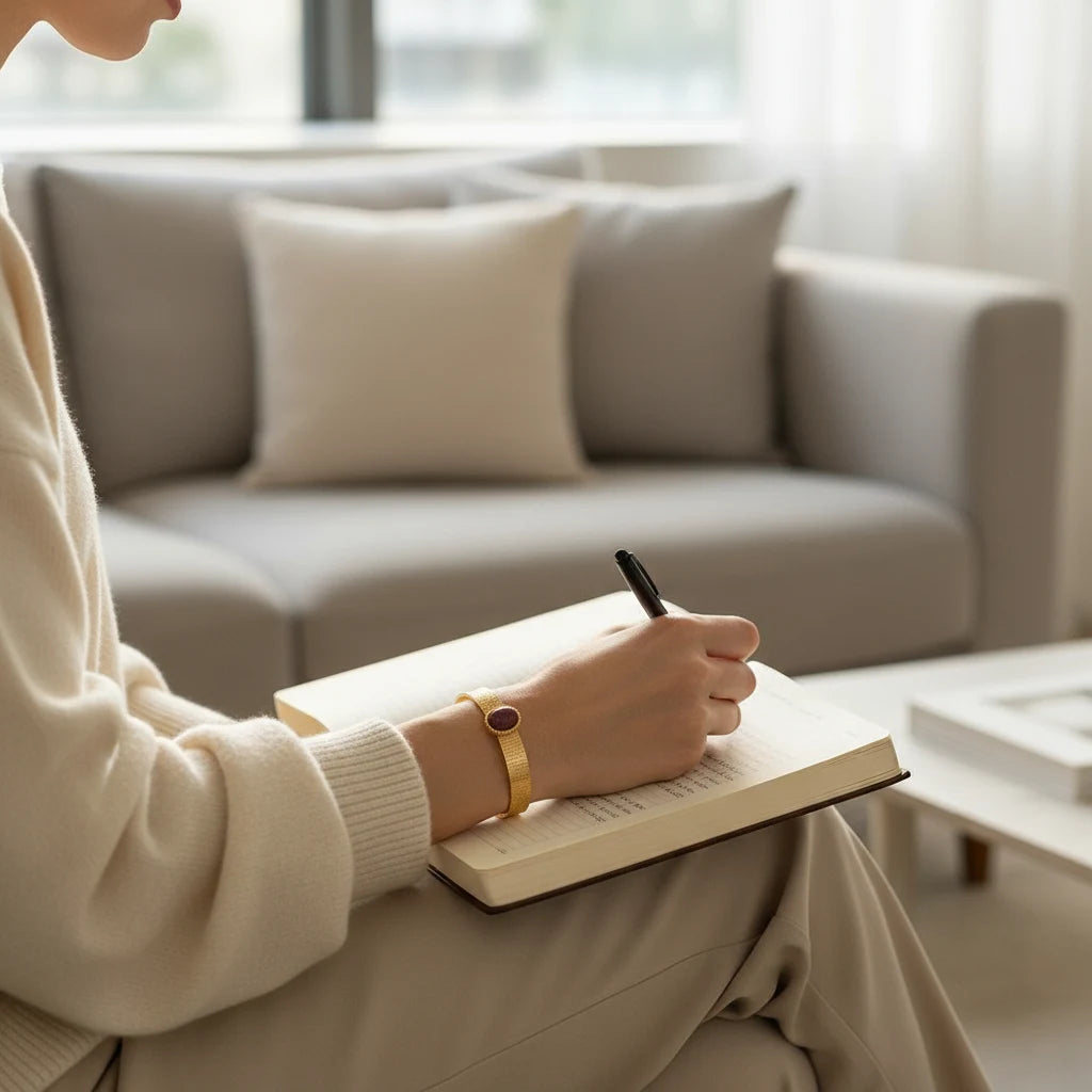 Woman sitting on a sofa and writing in a journal, wearing a plum gemstone cuff bracelet that stands out against her cozy cream sweater and neutral trousers for an elegant everyday look. | Oria Jewel