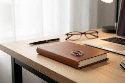 Purple Solitaire Filigree Ring resting on a brown leather notebook on a work desk with laptop, glasses, and soft morning light. | OriaJewel