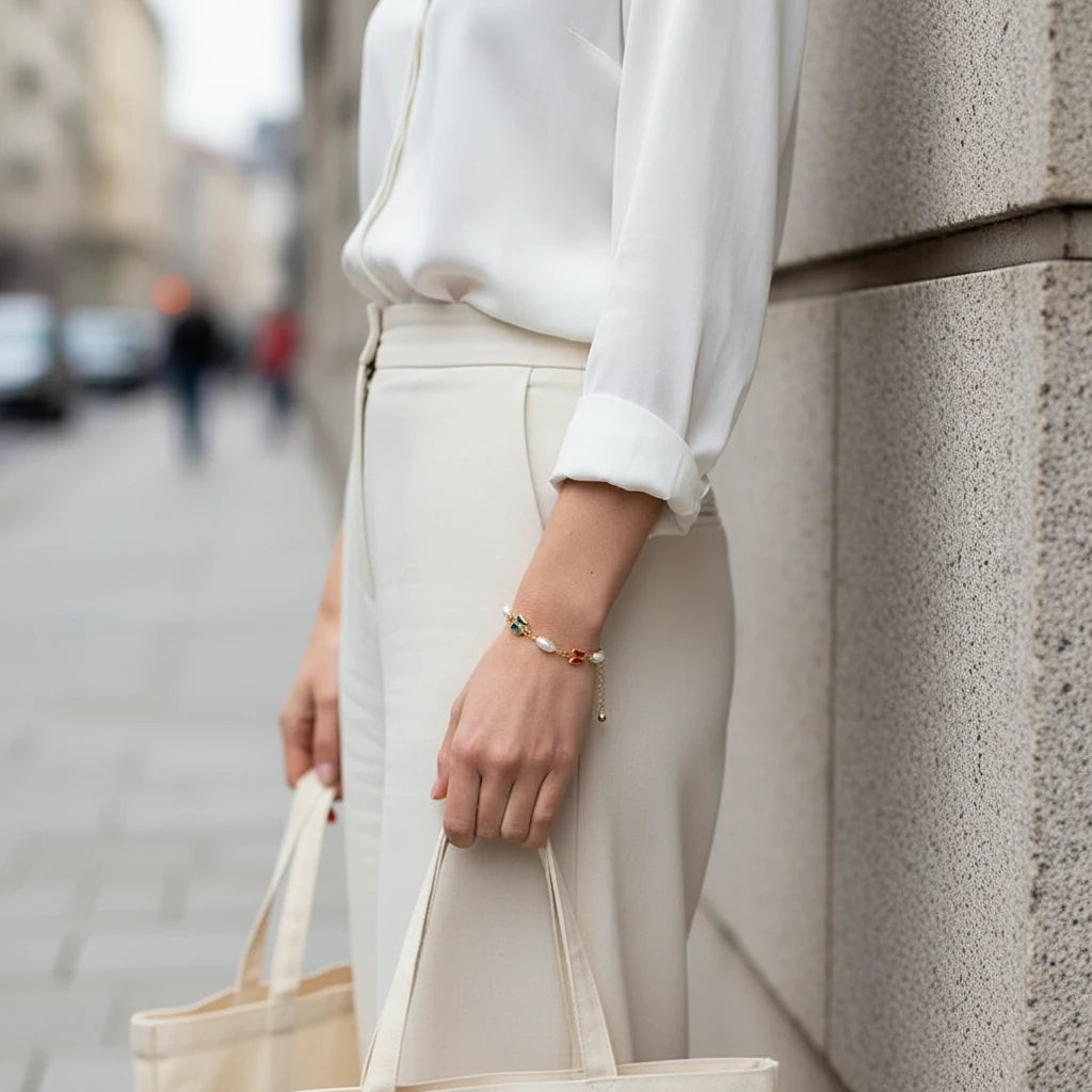 Street-style shot of a woman in an elegant white blouse and tailored cream trousers carrying a tote bag, with the Rainbow Butterfly Pearl Chain Bracelet adding a delicate pop of color and pearls to her wrist | Oria Jewel