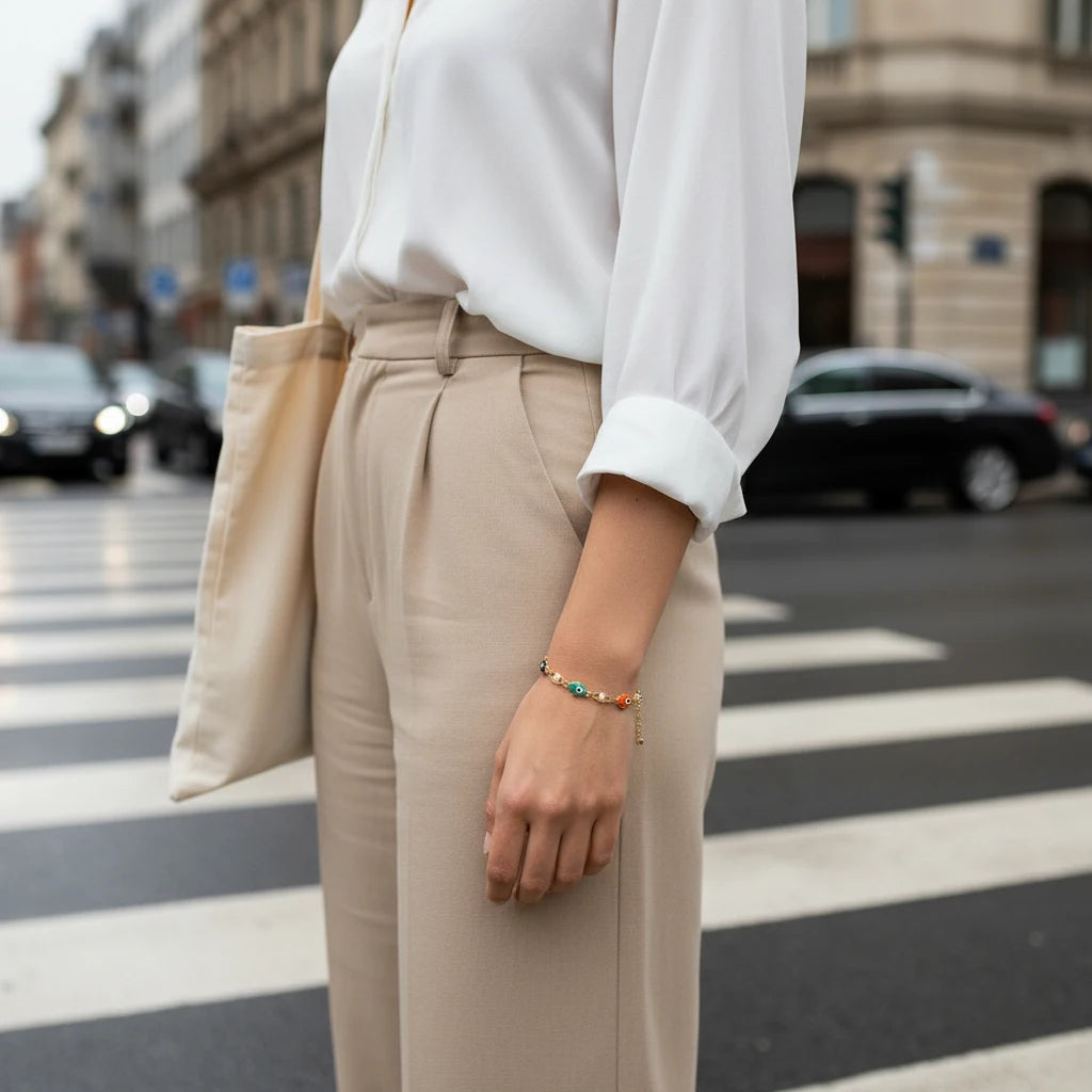 Street-style view of a woman crossing the city in a white blouse and beige trousers, wrist subtly sparkling with the Rainbow Evil Eye Charm Bracelet | Oria Jewel