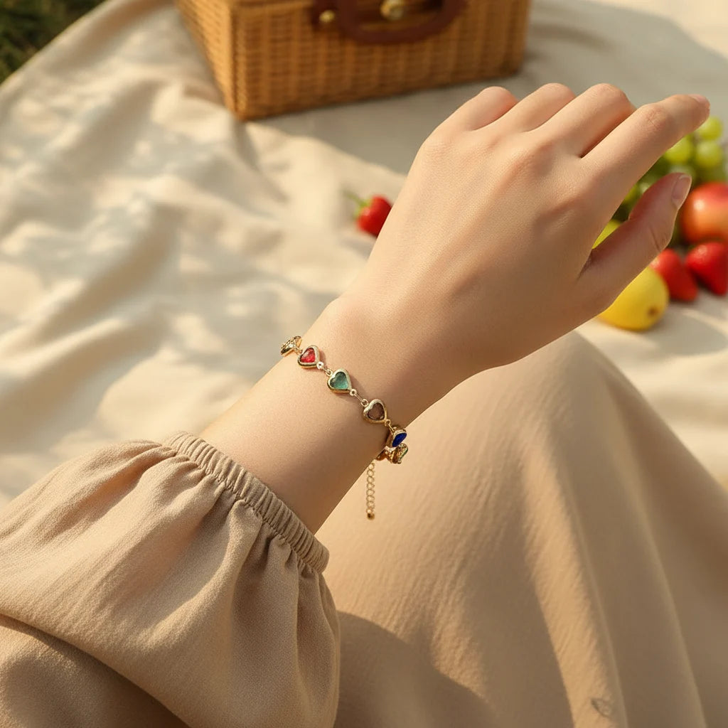 Rainbow Heart Charm Bracelet on a wrist during a sunny picnic, multicolor heart charms glowing against a beige flowy sleeve and soft blanket background | Oria Jewel