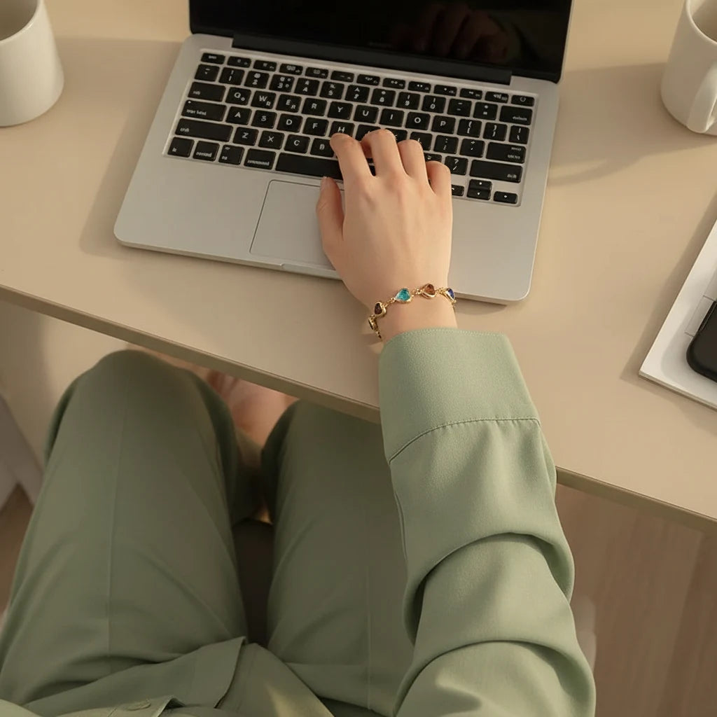 Rainbow Heart Charm Bracelet worn while working on a laptop, vibrant heart charms circling the wrist and catching warm indoor light on a tidy desk | Oria Jewel